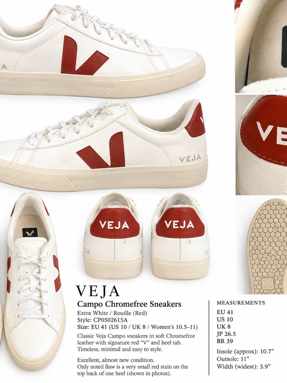 Veja Campo Chromefree Sneakers in Extra White with Rouille Red Accents